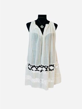 FREE PEOPLE ~ Off White/Cream Sheer Sleeveless Dress/Cover Up Cut Out Hemline